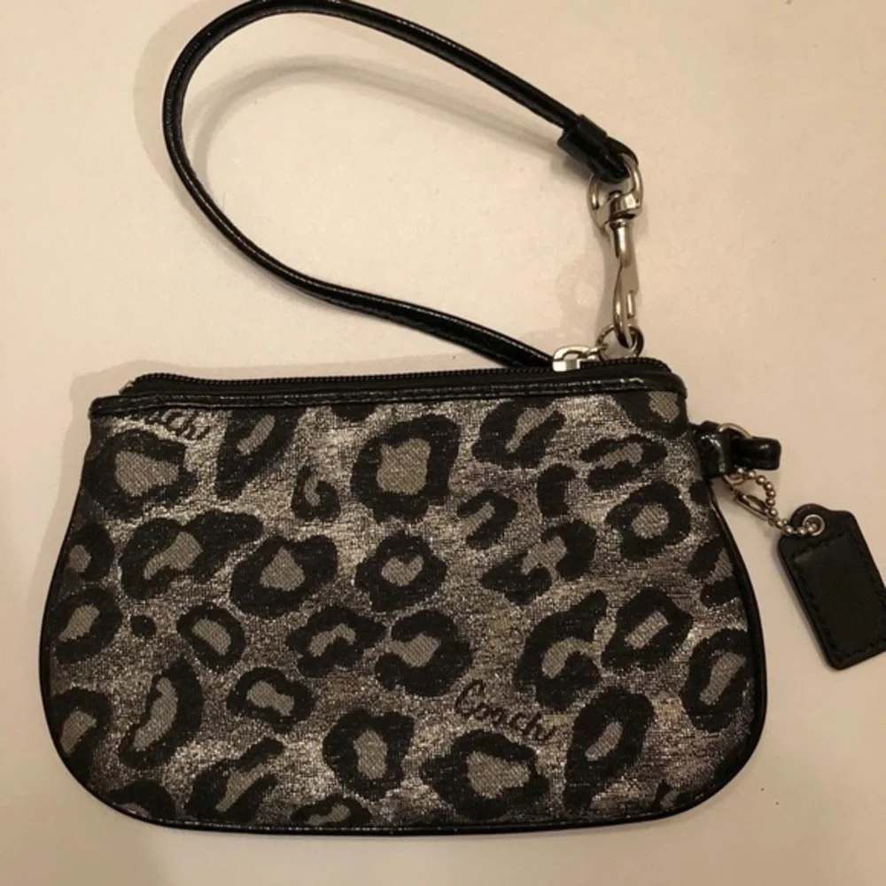 Coach black leopard wristlet metallic silver gray